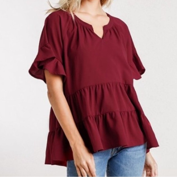 Umgee Bell Ruffle Sleeve Tiered Oversized Short Sleeve In Burgundy. NWT! Sz S - Picture 2 of 9